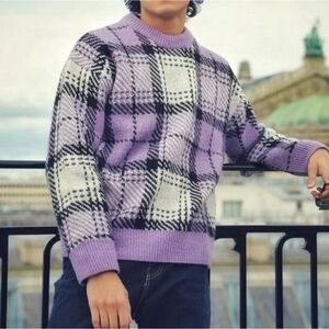 H&M Plaid Purple Black White Pullover Sweater Size Large